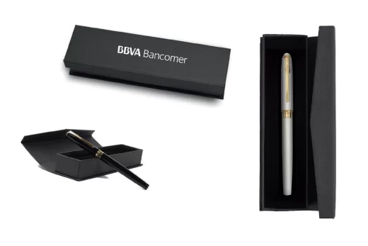 pluma plateada o negra con logotipo productos de escritura promocionales crea tu idea