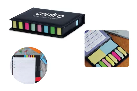 contenedor con calendario y marcadores adhesivos de varios colores productos de escritura promocionales crea tu idea