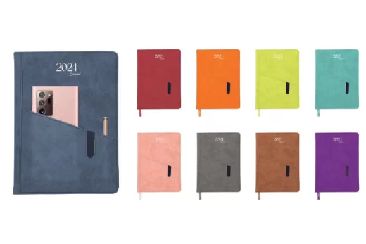 agenda con bolsa para pluma y smartpone multicolor productos de escritura promocionales crea tu idea